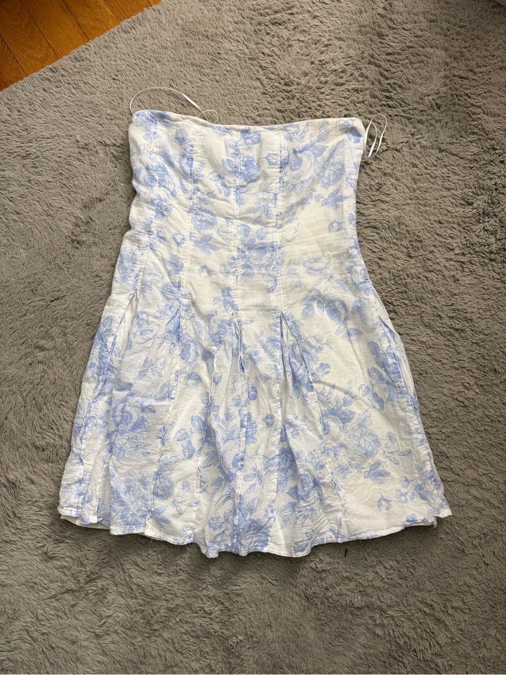 Strapless White Mini Skirt with Light Blue Floral Pattern